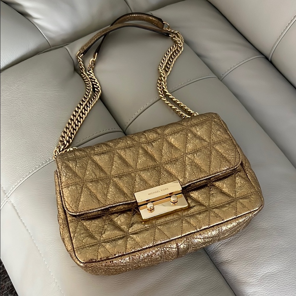 Michael Kors Gold Quilted Shoulder Bag with Flap Design